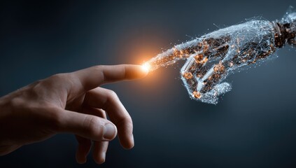 Two hands, human and robotic, touch.  A digital connection between flesh and machine.  Abstract representation of AI and humanity