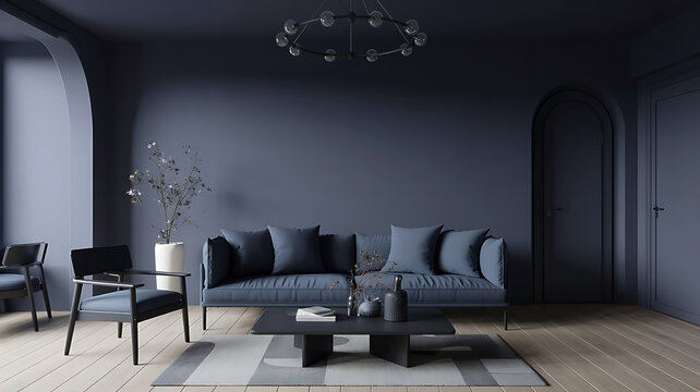 Modern living room with plush sofa minimalist coffee table and stylish armchairs in a sophisticated dark blue color palette