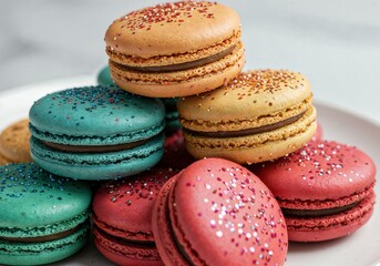 Obraz premium Colorful assorted macarons with sprinkles on white plate