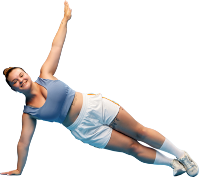 Smiling woman in activewear performing side plank exercise on floor on transparent background. Concept of fitness training, core strength, motivation, and healthy lifestyle. - Powered by Adobe
