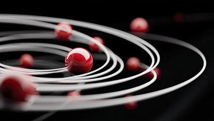 Abstract orbiting red spheres, white trails, on black background. Futuristic, glossy