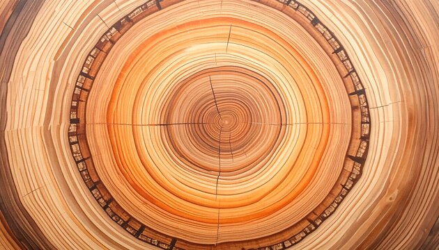 A detailed close-up view of a tree trunk's cross-section, showcasing concentric rings of varying shades of brown and orange, creating a captivating visual pattern.
