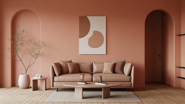 Modern living room with a plush sofa abstract art and arched doorways in a warm terracotta color palette