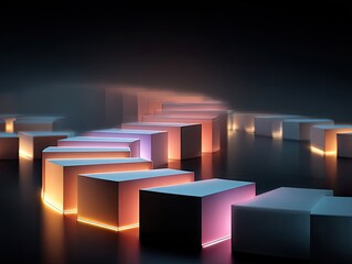 and keyword list based on the image you provided

 Luminous Cubes Arranged, Ascending in a Row, Dark Room