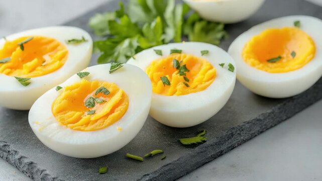 Delightful Presentation of Creamy Boiled Eggs Garnished with Fresh Herbs and Vibrant Yellow Yolks