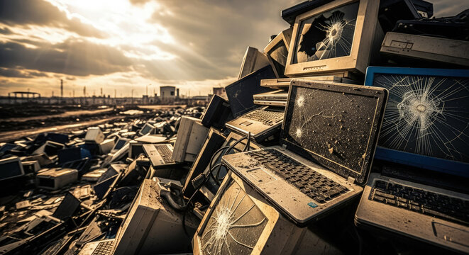 Electronic Waste Landfill: Discarded Computers, Monitors, and Laptops with Broken Screens - E-Waste Management and Environmental Pollution Concept