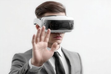 x-default Businessman using VR headset and making stop gesture