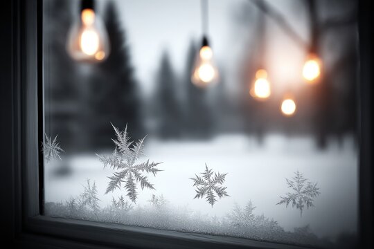 Frosty windowpane with snowflakes and warm lights - Powered by Adobe