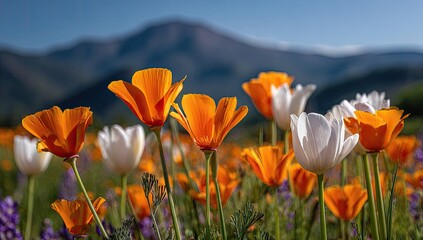 Obraz premium Vibrant orange and white wildflowers bloom in a field, set against a majestic mountain backdrop under a clear sky