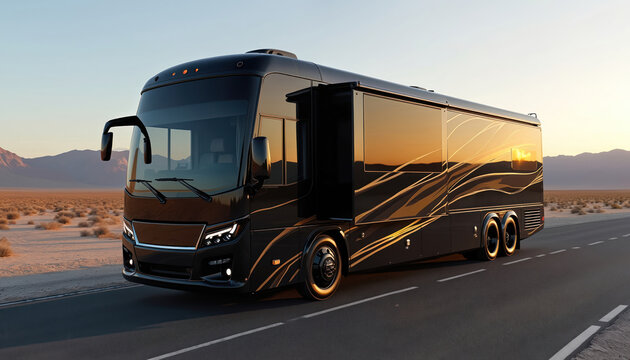 Sleek black RV with golden accents cruises desert highway at sunset. This luxury motorhome showcases premium design, opulence, offering comfort, freedom for adventurous travel, elegant escapes.