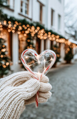 Gloved hand holding heart candy cane