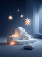White stage with star-shaped lights and pillows