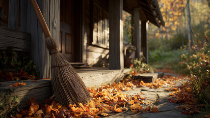 Autumn porch with broom and fallen leaves