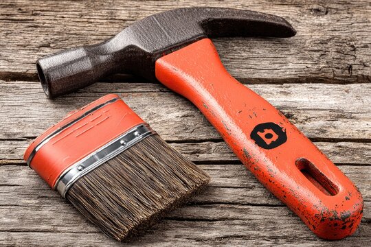Rusty hammer and paintbrush on weathered wood