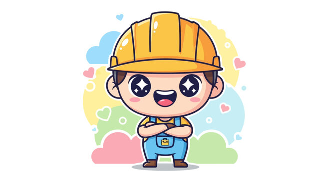 A cheerful cartoon construction worker with a yellow hard hat and crossed arms, smiling.