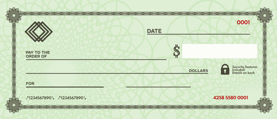 Bank check, vector blank money cheque template for financial transaction, banking and payment - vector illustration