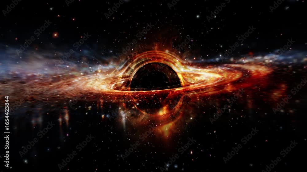Wall mural 4k 3d loop glow gold blackhole space travel in outer space science fiction abstract background. blue