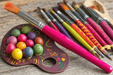 Colorful paintbrushes and a palette with painted spheres