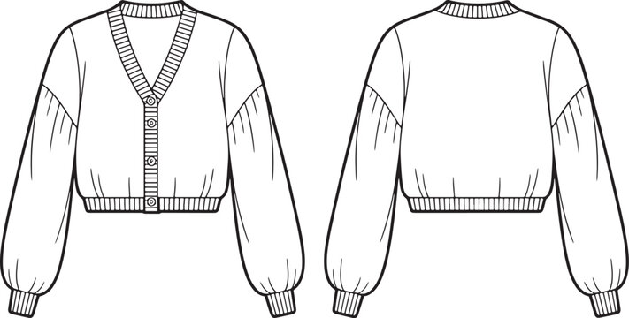 bomber jacket with balloon sleeves Fashion flat sketch of a cropped bomber cardigan with balloon sleeves line art