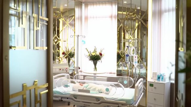 Serene Neonatal Care Room Interior with Soft Lighting Adjustable Hospital Bed and Beige Walls with Gold Frames Featuring Patient with Modern Medical Equipment Modern Medical Setting