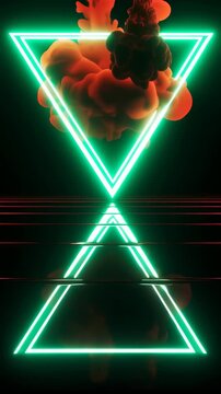 Neon Inverted Triangle with Red Abstract Smoke and Glitch Reflection