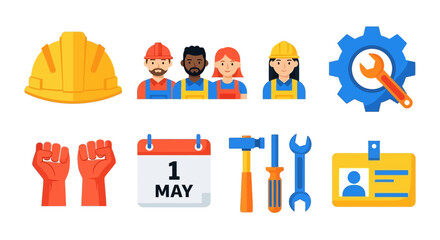 A collection of vector illustrations featuring construction workers, tools, and symbols representing the Labor Day holiday.