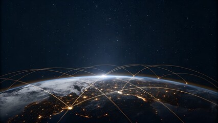 interconnected global network over illuminated earth at night