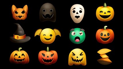 Obraz premium Collection of halloween emojis featuring pumpkins, ghosts, and more isolated on black background