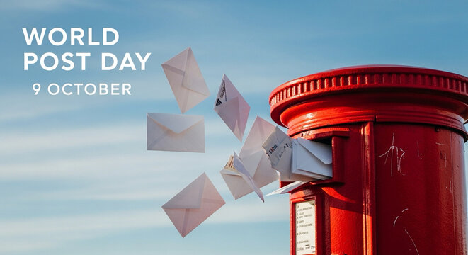 Classic red mailbox with envelopes flying out, text overlay “World Post Day 9 October”, clean sky background. - Powered by Adobe