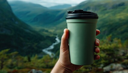 Hand holding a light sage green travel mug, foreground.  Mountain valley view in the background