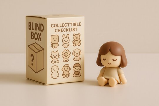 Collectible toy figure with blind box on beige surface