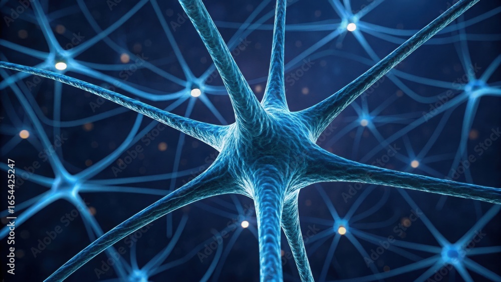 Poster macro view of ai neural web connections in dark blue background