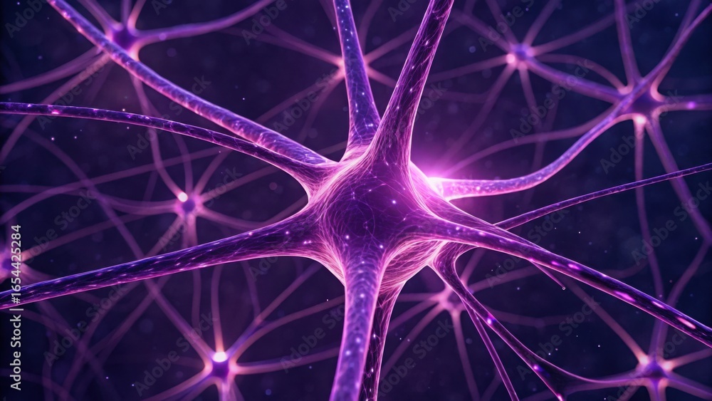 Poster deep purple glowing neuron network visualization in abstract style
