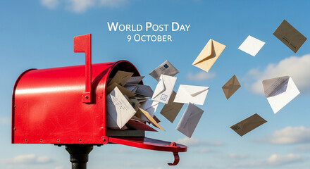 Classic red mailbox with envelopes flying out, text overlay “World Post Day 9 October”, clean sky background.