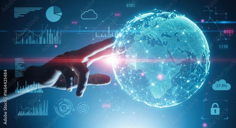 Poster global digitalization concept: hand touching earth globe with data visualization, futuristic technol