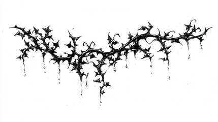 Spiky Branch Silhouette: A dramatic monochrome depiction of a spiky branch, with water drops, exuding a stark aesthetic of untamed wilderness, a symbol of endurance and resilience.