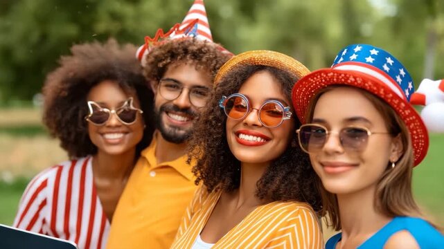 Group of friends celebrating outdoors in park with cheerful smiles, wearing colorful summer hats and sunglasses, enjoying festive atmosphere and happiness, showing friendship and bright expressions