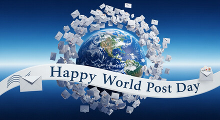Blue sky with flying envelopes forming a circle around Earth, banner text “Happy World Post Day”.