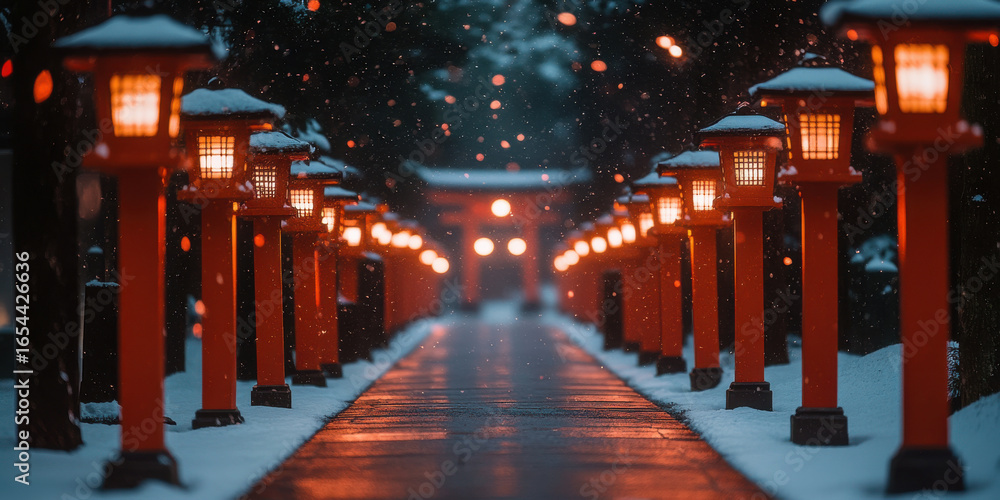 Poster Snowy Path with Glowing Lanterns