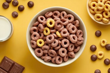 Bowl of pink ring-shaped cereal with milk and chocolate