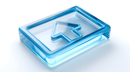 3D glossy blue upload icon, transparent glass style, upward arrow above a rectangular tray, floating effect, modern digital symbol, isolated on clean white background, realistic reflections
