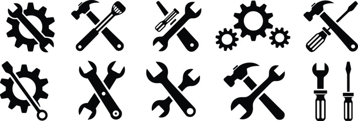 Black silhouette mechanic tools icons set, wrench, screwdriver, hammer, gear, maintenance symbols, engineering design, repair equipment, vector illustration, isolated, toolkit