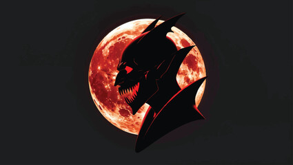 Bloody Moon Demon: Silhouette of a Spooky Monster with Red Eyes