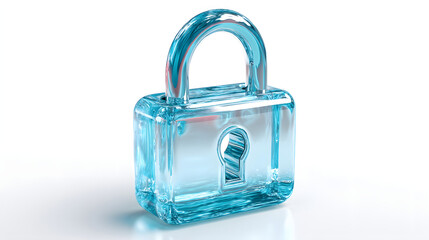 3D glossy blue padlock security icon, transparent glass style, floating modern lock symbol with keyhole, realistic light reflections and highlights, minimal clean design, isolated on white background,