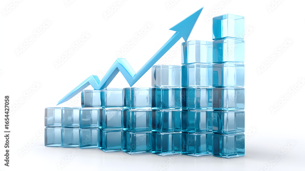 Poster 3d glass bar chart made of transparent blue blocks, ascending columns with upward arrow symbolizing 