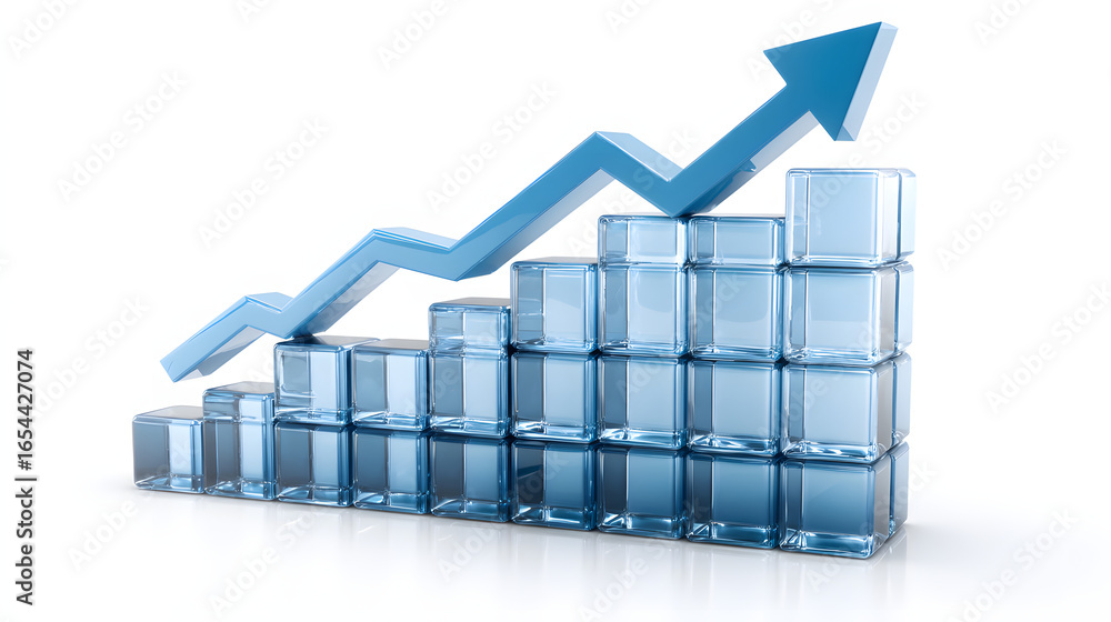 Poster 3d glass bar chart made of transparent blue blocks, ascending columns with upward arrow symbolizing 