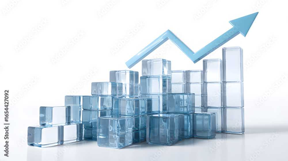 Poster 3d glass bar chart made of transparent blue blocks, ascending columns with upward arrow symbolizing 