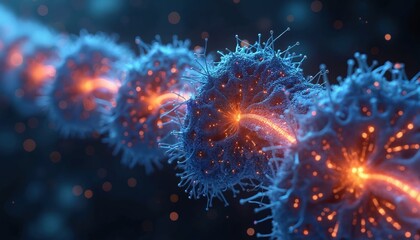 Futuristic cybernetic nerve system illustration with glowing blue cells, orange light energy flow. Intricate neural connections highlight advanced science, medical technology, biology innovation.