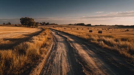 Obraz premium Golden Hour on the Country Road: A serene landscape showcases an open dirt road meandering through golden fields under a clear, sunlit sky, a perfect visual of rural calm and endless journeys.