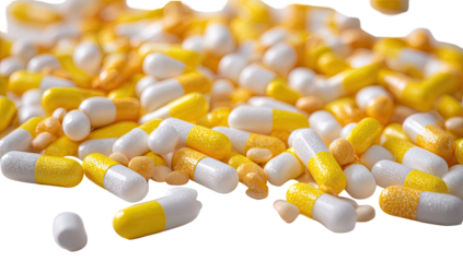 Close-up of a large quantity of yellow and white capsules